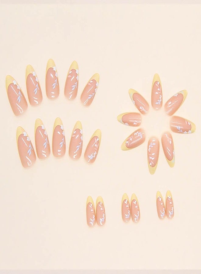 RikView French Tip Press on Nails Medium Length Fake Nails Almond Acrylic Nails Glossy Yellow Nails - Image 2